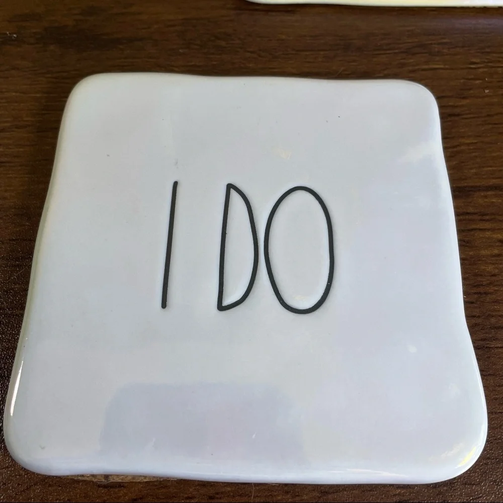 Rae Dunn Ceramic Coasters Cream with Black Letting Mr Mrs I Do Love Set of 4 - Picture 3 of 6